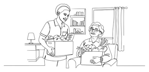 Volunteer Giving a Box of Fresh Groceries to a Senior Woman