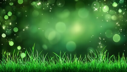 Obraz premium The illustration shows a lush patch of green grass in the foreground with a blurred green background containing bright bokeh and sparkles.
