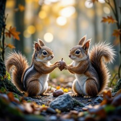 A squirrel and a chipmunk face each other in a serene forest, delicately holding an acorn between them