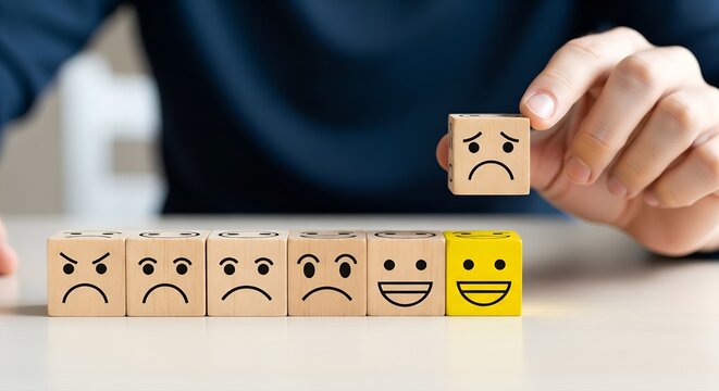 Person holding a sad face block above a row of emotion blocks including happy faces