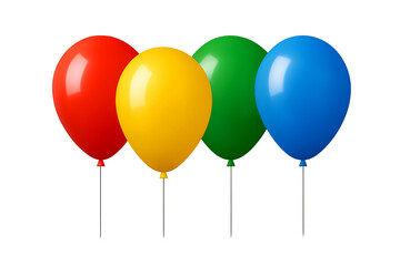 Four colorful balloons, red, yellow, green, and blue, on transparent background