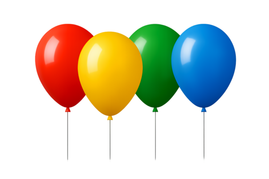 Four colorful balloons, red, yellow, green, and blue, on transparent background