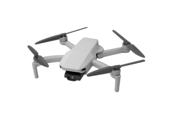 A white drone with four propellers isolated on a transparent background