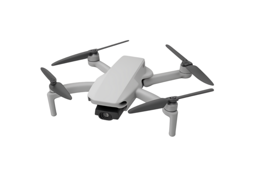 A white drone with four propellers isolated on a transparent background