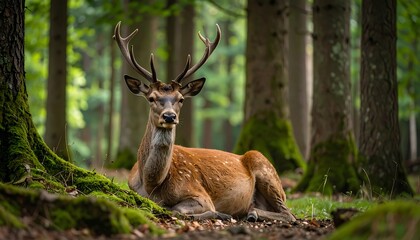 Naklejka premium Forest deer resting in mossy undergrowth