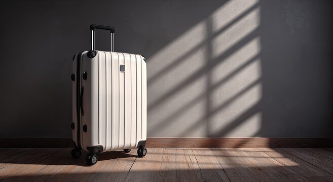 Cream-colored hard-shell suitcase on wooden floor in sunlit room
