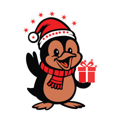 Funny Christmas penguin Santa Claus with gifts icon