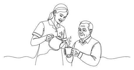 Caregiver Serving Tea to Senior Man