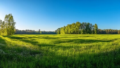 Obraz premium A wide, sunlit field of tall green grass and wildflowers stretches to a line of birch and pine trees under a clear blue sky.