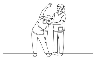 Caregiver Assisting Senior Woman with Physical Therapy Line Art