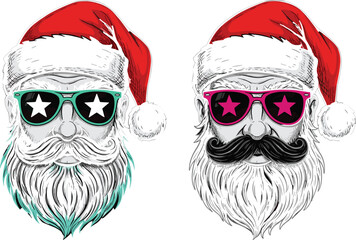 Modern Santa Claus vector illustration with sunglasses, star shaped lenses, stylish beard, festive holiday design, cool Christmas character artwork