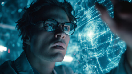A young scientist with glasses interacting with a futuristic holographic interface. Man analyzing complex glowing blue data in a virtual environment. Future technology and innovation concept
