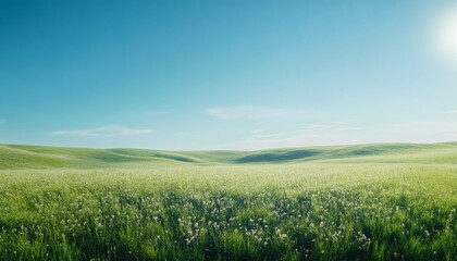 Obraz premium A vast field of green grass with small white flowers stretches across gently rolling hills under a clear, bright cyan sky.