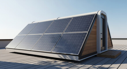 Fototapeta premium Modern rooftop house with solar panels and wooden accents 