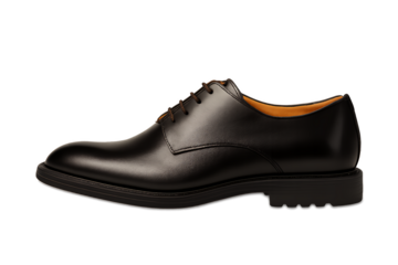 Dark brown leather oxford shoe with laces and rubber sole, isolated on transparent background