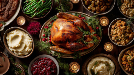 A festive holiday feast with a roasted turkey and side dishes. Traditional Thanksgiving or Christmas dinner table. Top down flat lay composition