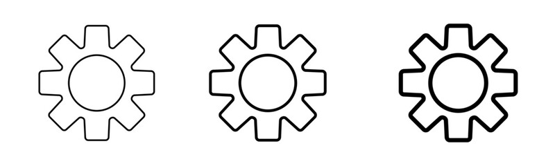 A versatile set of three black outline gear icons representing settings, process, and technology, perfect for web design, app interfaces, and engineering concepts.