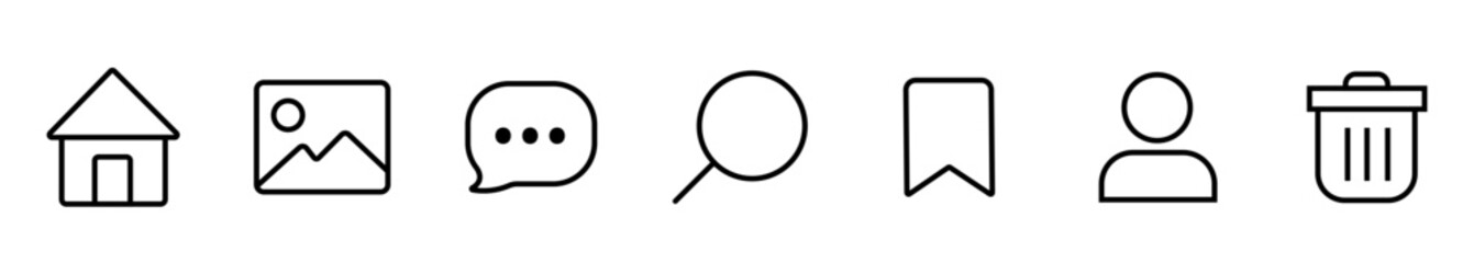 Modern set of user interface outline icons for web and app design, featuring essential symbols like home, image, chat, search, bookmark, profile, and trash, black and white minimal vector.