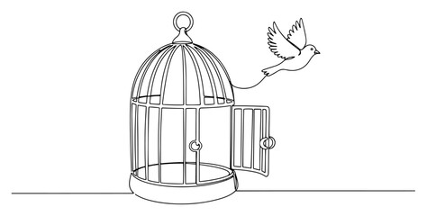 One Line Bird Flying From Open Cage Vector Illustration