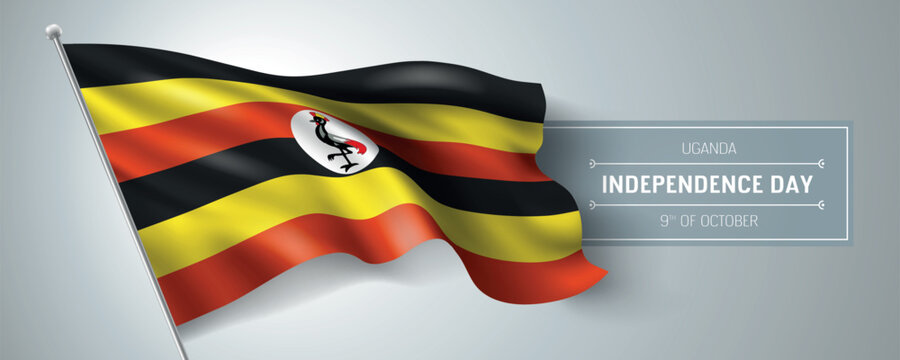 Uganda happy independence day greeting card, banner vector illustration. Ugandan national holiday 9th of October design element with realistic flag