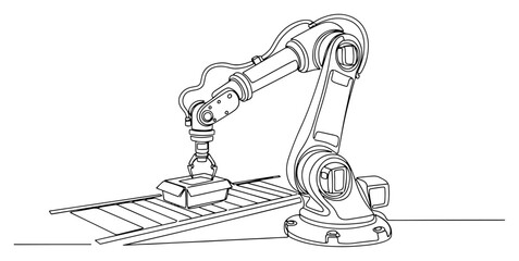 Industrial Robotic Arm on Conveyor Line black shape vector laser cutting engraving monochrome print