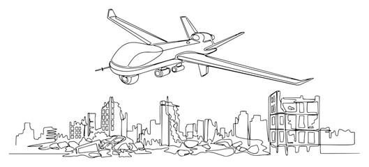 Military Drone Over War-Torn City Line Art