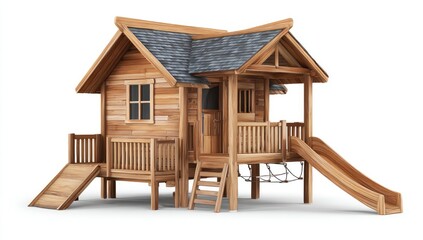 Wooden playhouse with a slide and porch