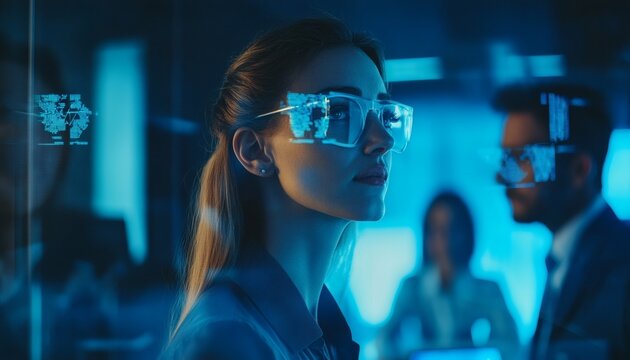The illustration shows a woman in a dark blue suit and transparent AR glasses, viewing data projected onto the glasses in a dark, modern office setting with colleagues visible in the background. - Powered by Adobe