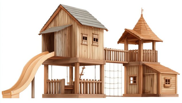 Wooden playhouse complex, multiple levels - Powered by Adobe