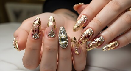 Ornate Gold and Jeweled Nail Art Design | Close Up of Manicured Fingers for Beauty, Fashion, and Lifestyle Content