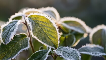 Close Up Shot Of Frost Covered Green Leaves On A Plant In A Natural Outdoor Environment Scene