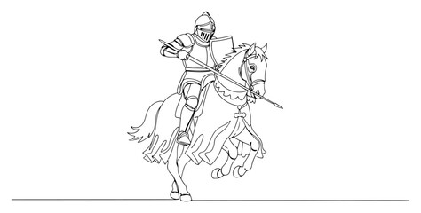 Armored Knight Charging on Rearing Horse with Lance Line Art