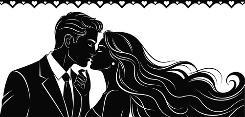 Romantic couple silhouette vector illustration with man in suit and woman in dress about to kiss, love, intimacy, affection, hearts