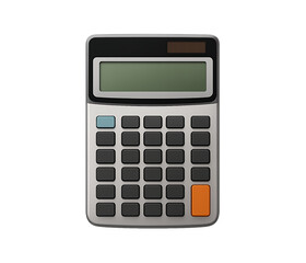 A modern electronic calculator with a digital display and numerous buttons isolated on a transparent background