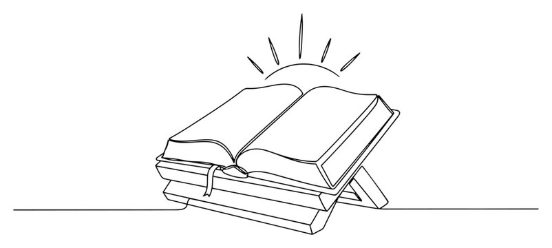 One Line Holy Bible Stack With Sun Rays Vector Illustration
