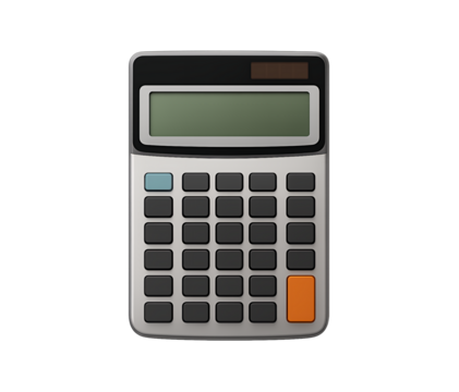 A modern electronic calculator with a digital display and numerous buttons isolated on a transparent background