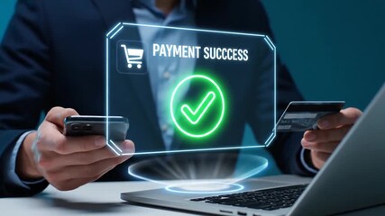 Man using smartphone and credit card for successful online payment transaction on laptop with digital interface - Powered by Adobe