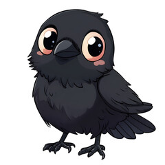 Kawaii raven with blushing cheeks, white isolated bg