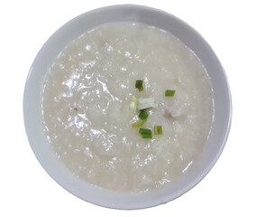Chinese style minced pork porridge with topped by green onion for breakfast isolated on white background 