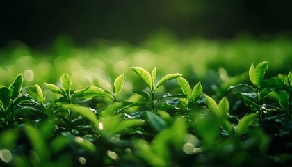 Fototapeta premium The image shows a close-up view of numerous vibrant green tea leaves, bathed in soft sunlight, with a blurred background of similar foliage.