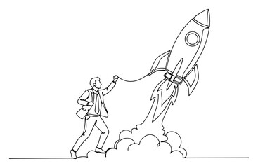 Businessman Trying to Control a Launching Rocket for a Startup