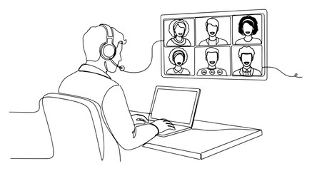 Online Business Meeting with a Team in a Continuous One Line Drawing