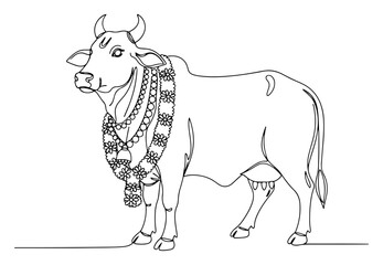 Decorated Sacred Cow with Floral Garlands black shape vector laser cutting engraving monochrome print