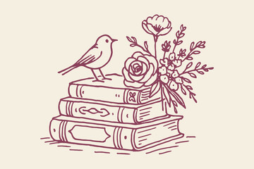 Bird books flowers sketch vintage hand drawn illustration vector
