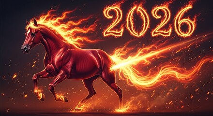 Fiery Red Horse Galloping with Flames and 2026 Text