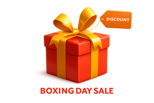 A bright red gift box with a yellow ribbon and a discount tag, representing a boxing day sale, isolated on transparent background