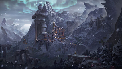 An illustration of the medieval fantasy abandoned fort with magic circle northern light in snow valley. © Asanee