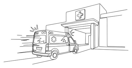 ambulance arriving at hospital vector illustration emergency medical one line outline design © Katarzyna