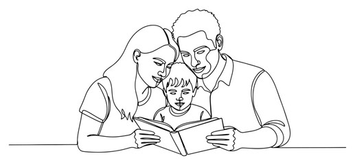 Family Reading Book Together Line Art