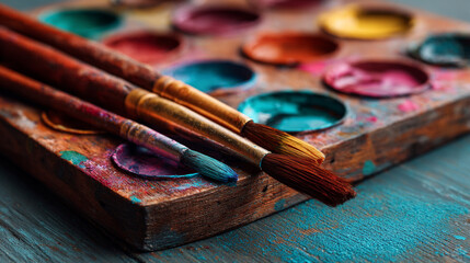 Fototapeta premium Paintbrushes resting on a colorful paint palette art supplies painting creativity